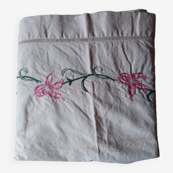 Old linen sheet embroidered decor flowers pink 210x300 cm