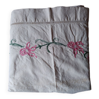 Old linen sheet embroidered decor flowers pink 210x300 cm