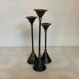 Trio of vintage blue and gold candlesticks