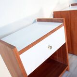 Pair of bedside tables, mahogany, white laminate and brass, 1970