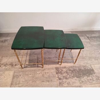 Set of 3 green nesting tables by Aldo Tura, 1975