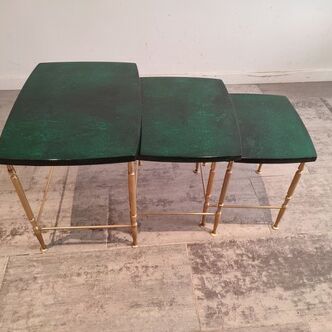 Set of 3 green nesting tables by Aldo Tura, 1975