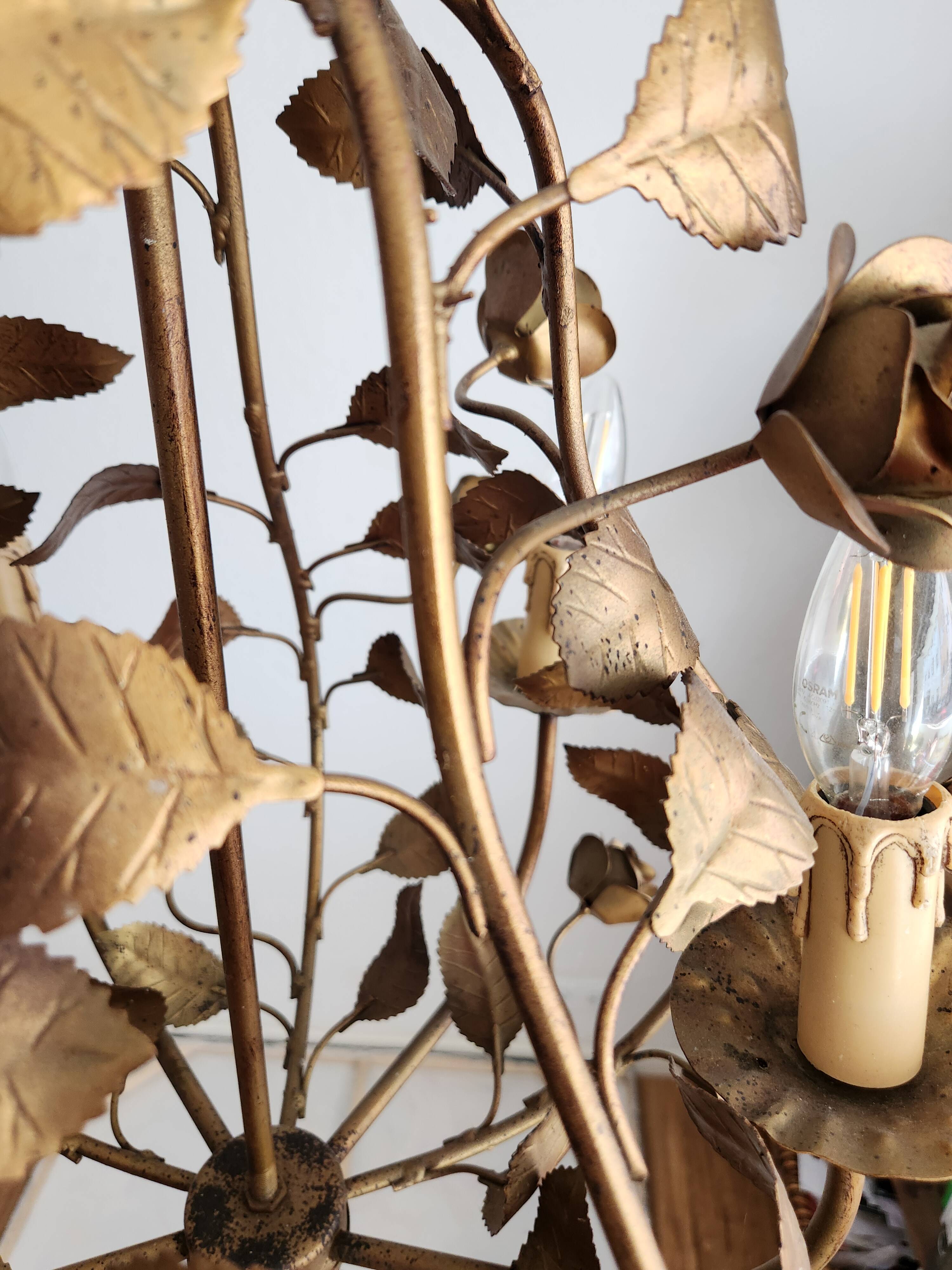 Chandelier hand-forged Hollywood Regency rose leaf decorations
