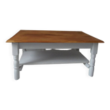 Coffee table with pearl gray patinated base, belt and shelf, wooden top.