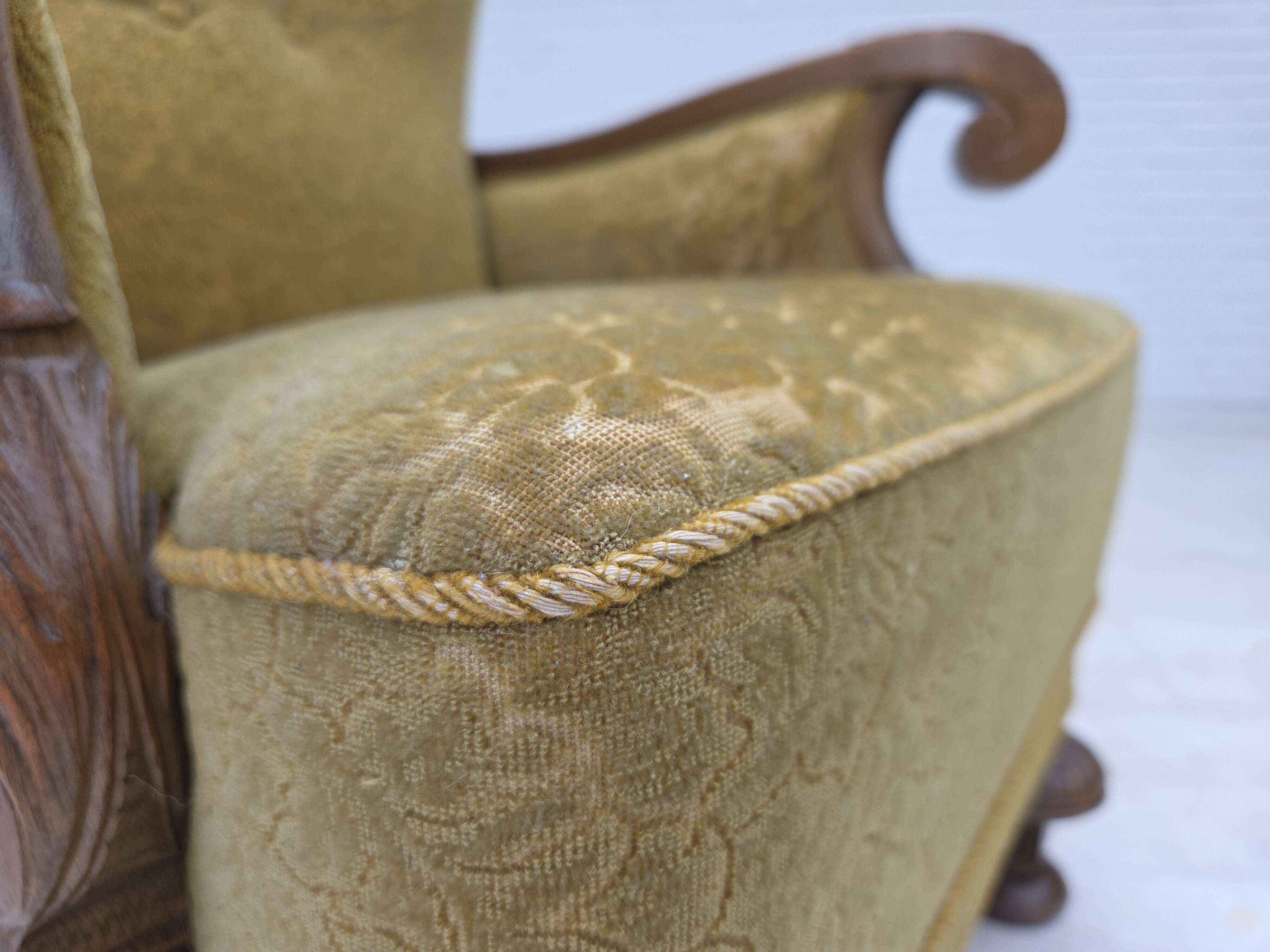 1960s, Danish armchair, furniture cotton/wool fabric, solid oak wood.