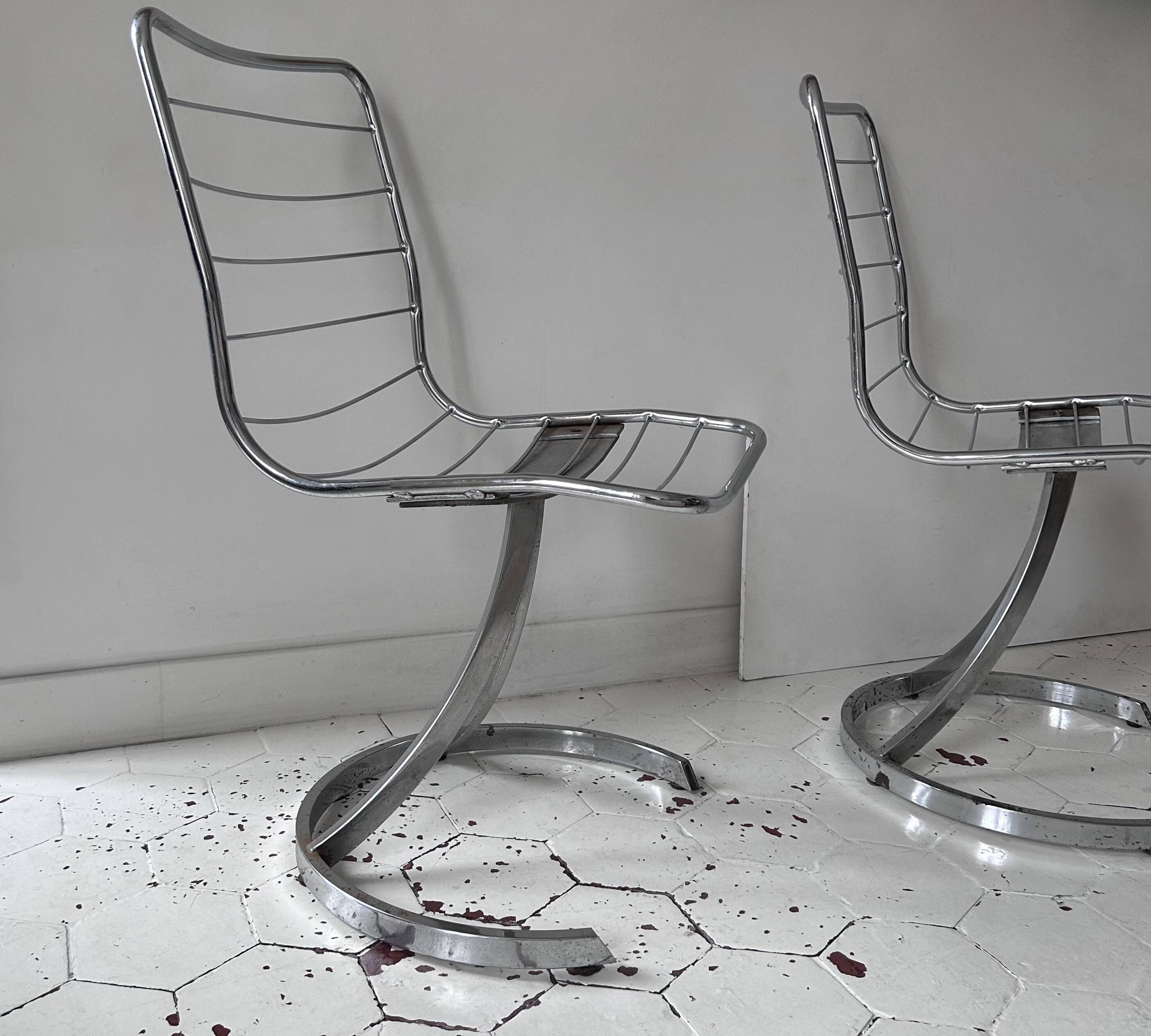 Set of 4 vintage chairs, chromed metal, France 1970