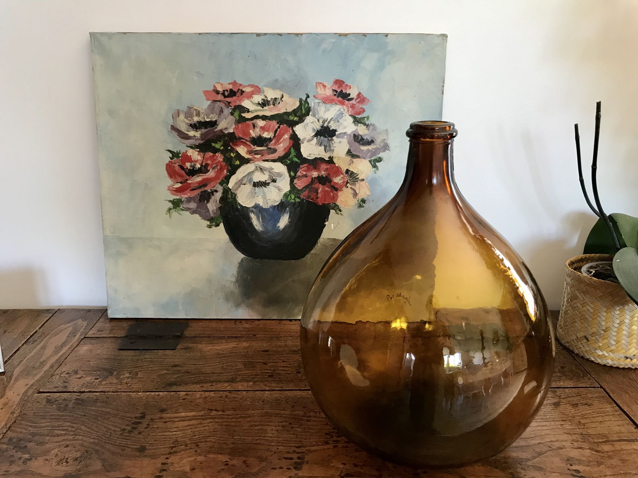 Old painting signed oil on canvas bouquet of vintage anemone flowers