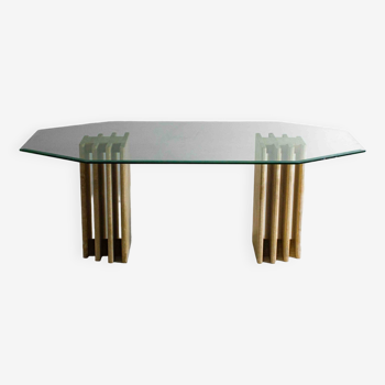 Architectural travertine dining table with glass top, Italy 1970s