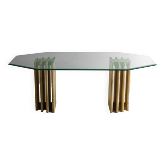 Architectural travertine dining table with glass top, Italy 1970s