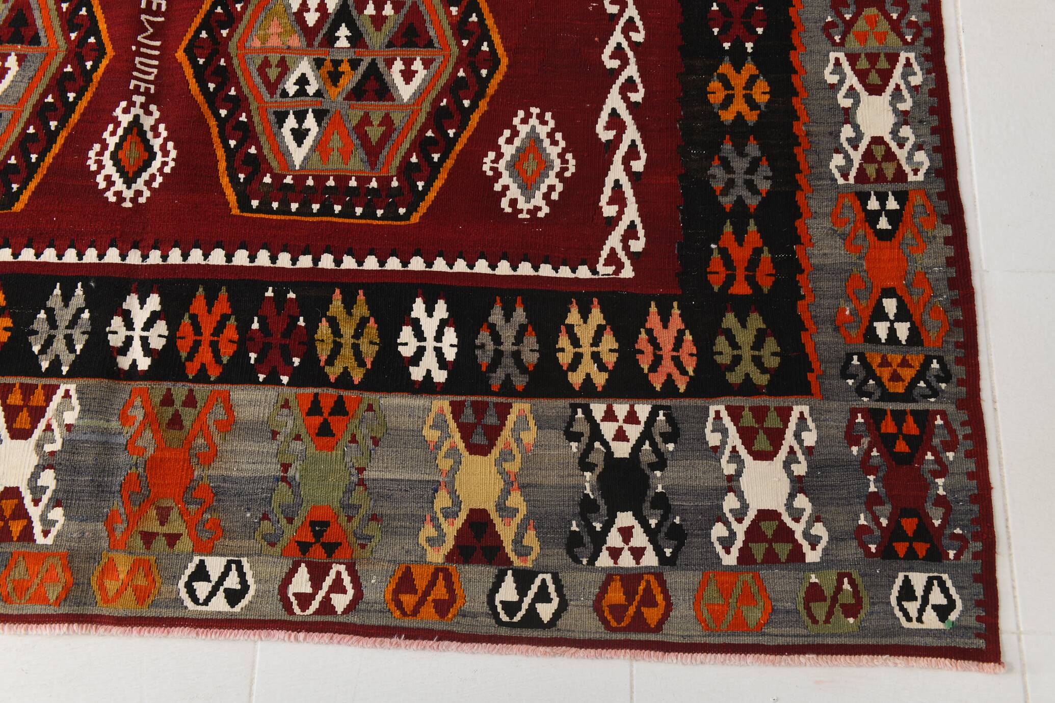 6x15 Wine Red & Green Vintage Kilim Rug, 198x468Cm