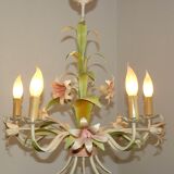 Vintage french 5 arm tied bouquet toleware chandelier pink lily flowers 4264