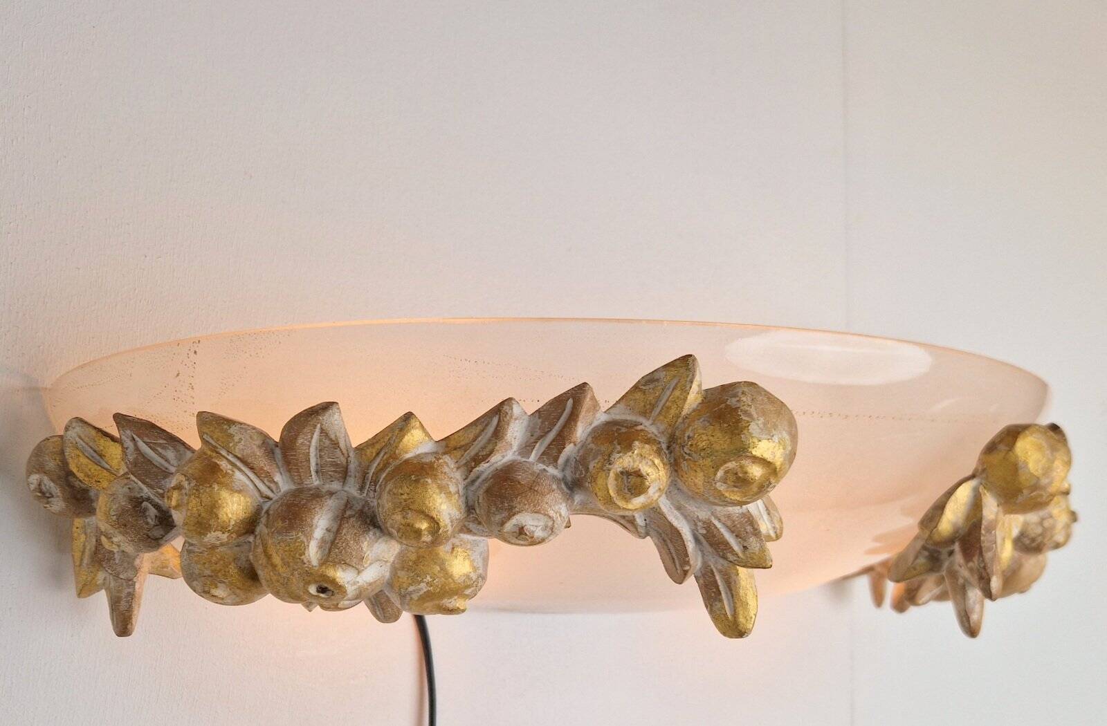 Vintage Bowl Wall Lamps in Goldleaf Murano Glass, Italy, 1970s, Set of 2