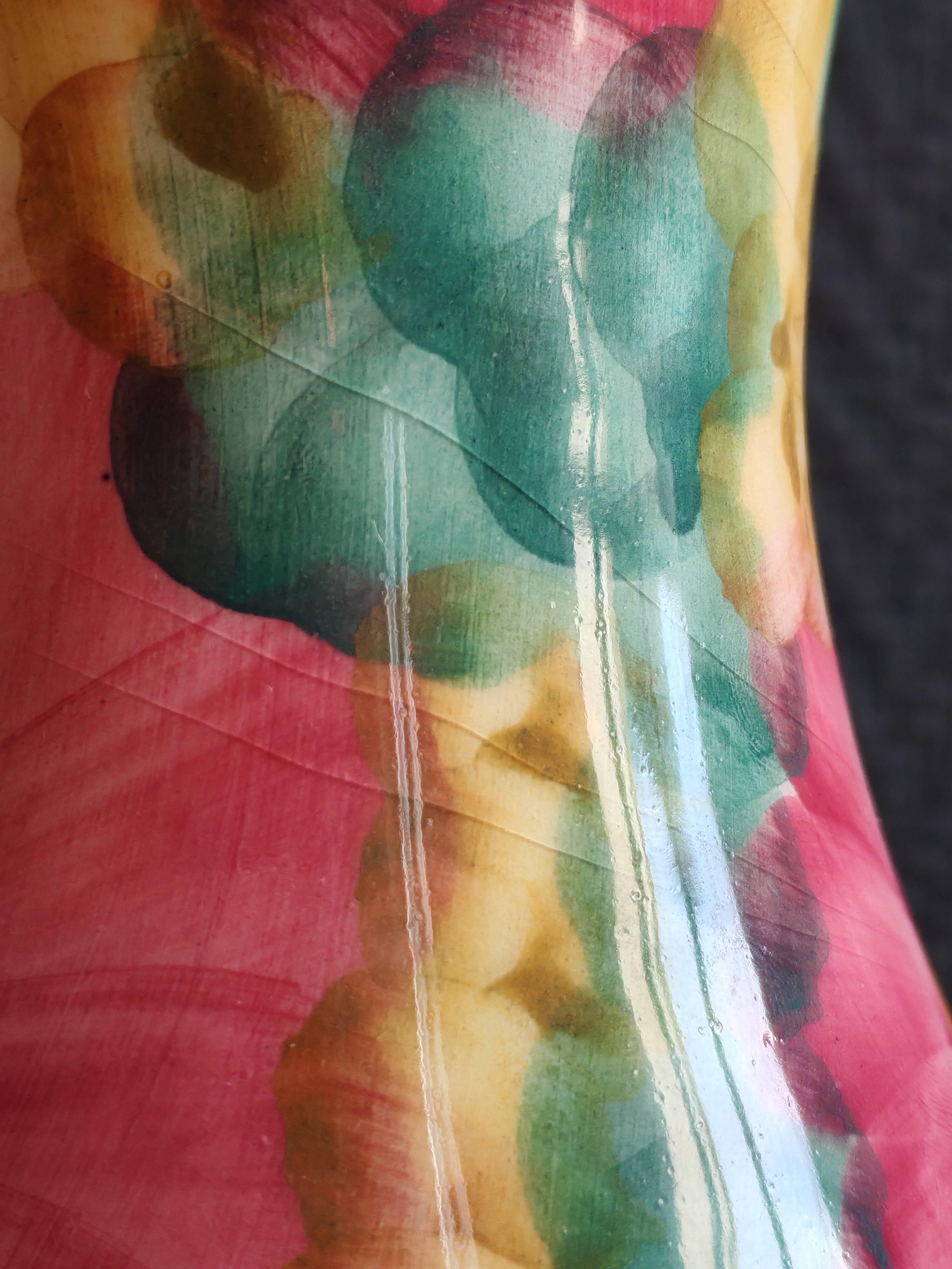 Vintage Floral Ceramic Vase - Large Barbotine Vase with Pink Flowers