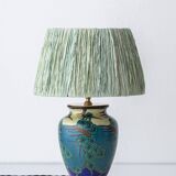Art Deco Japonisme ceramic table lamp, 1928, new silk sari ribbon lampshade.