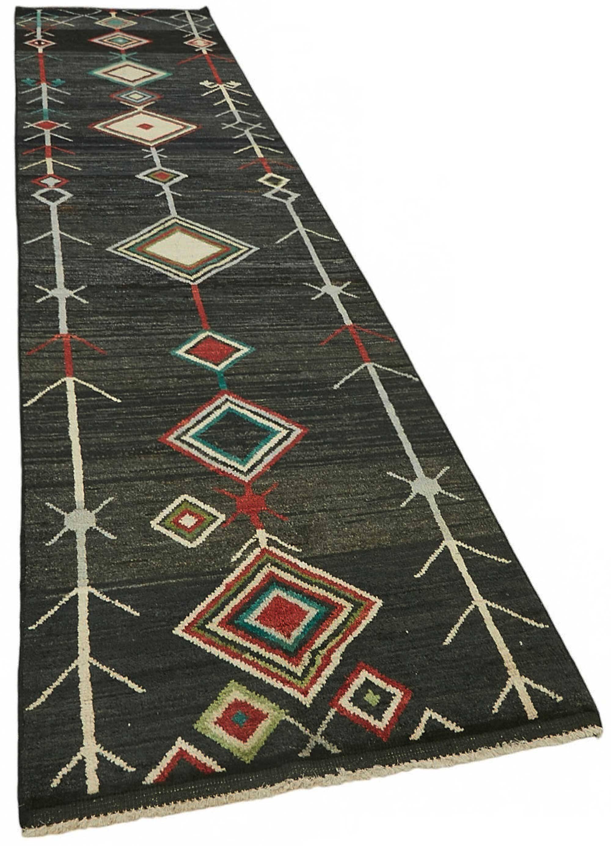 Handmade Turkish One of a Kind 92 cm x 419 cm Black Wool Runner Carpet