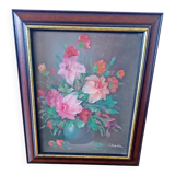 Peinture huile sur toile encadrée nature morte fleurs par J.Justin collection signé