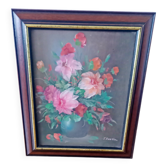 Small Painting Oil on Canvas Framed Still Life Flowers J. Justin Collection Signed