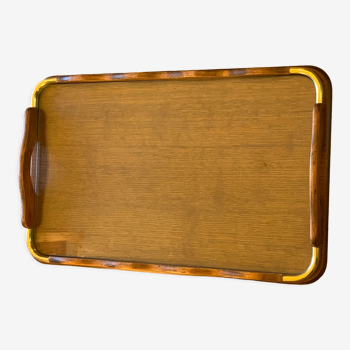 Serving tray in wood, brass and glass, 1960