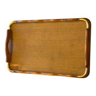 Serving tray in wood, brass and glass, 1960