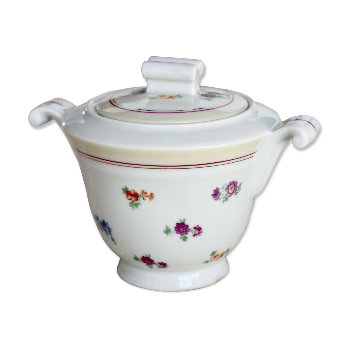 Vintage white porcelain sugar bowl with double handles - Floral decoration