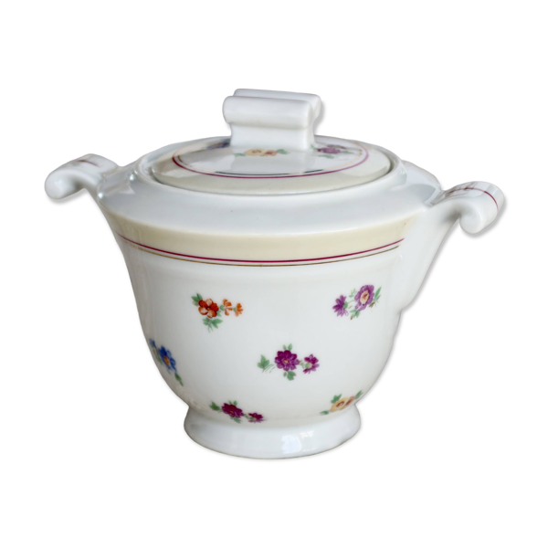 Sucrier vintage en porcelaine blanche à doubles anses - Décor fleuri