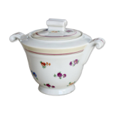Vintage white porcelain sugar bowl with double handles - Floral decoration