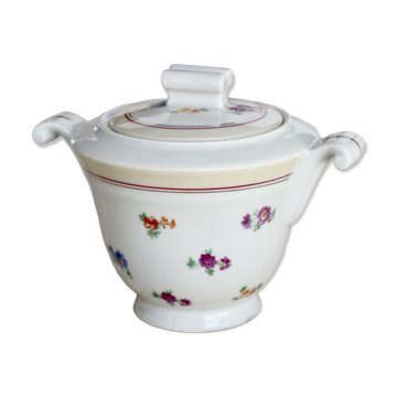 Vintage white porcelain sugar bowl with double handles - Floral decoration