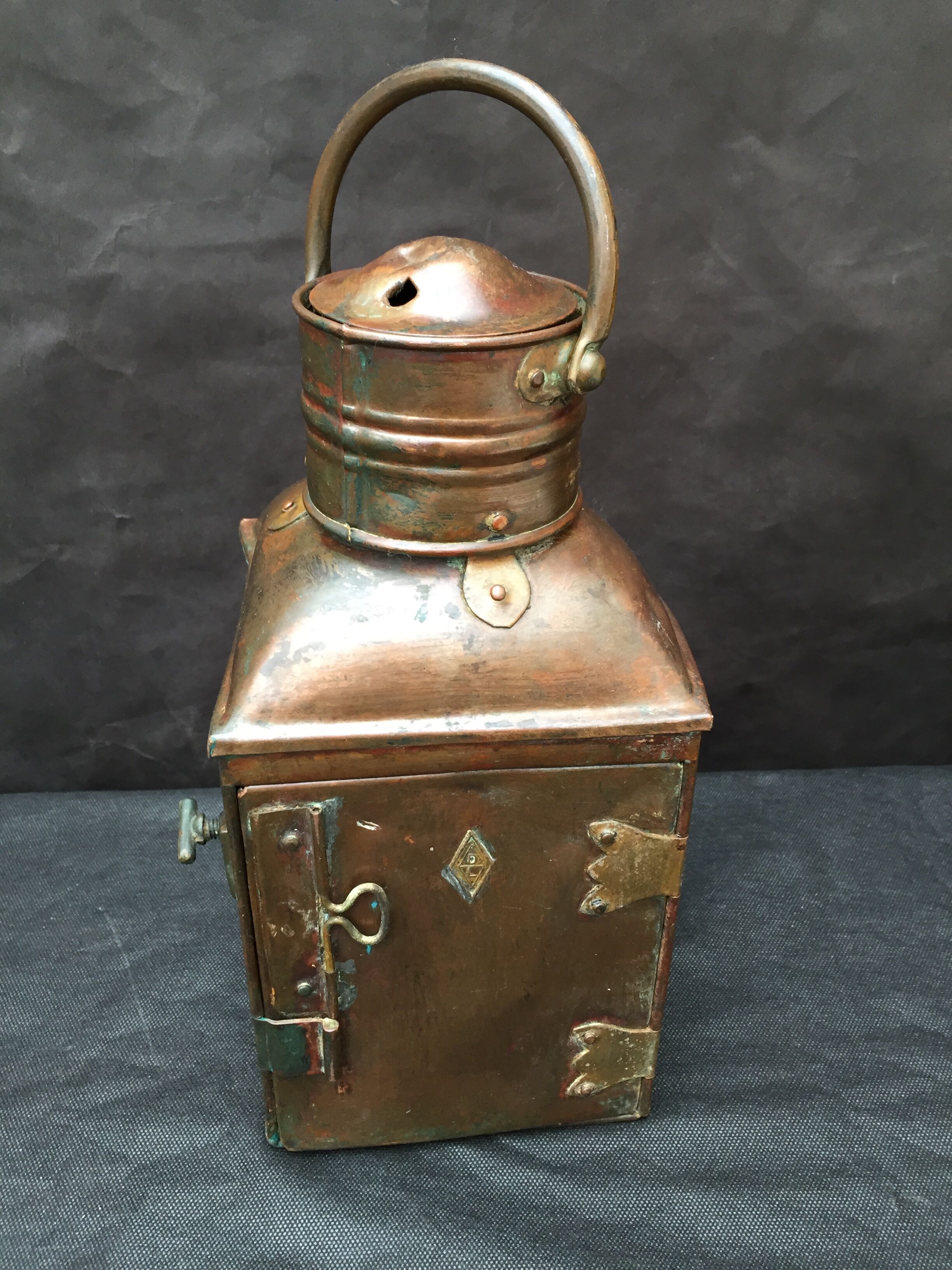 Ancient naval flag lantern in ancient copper semaphore lamp 19th century