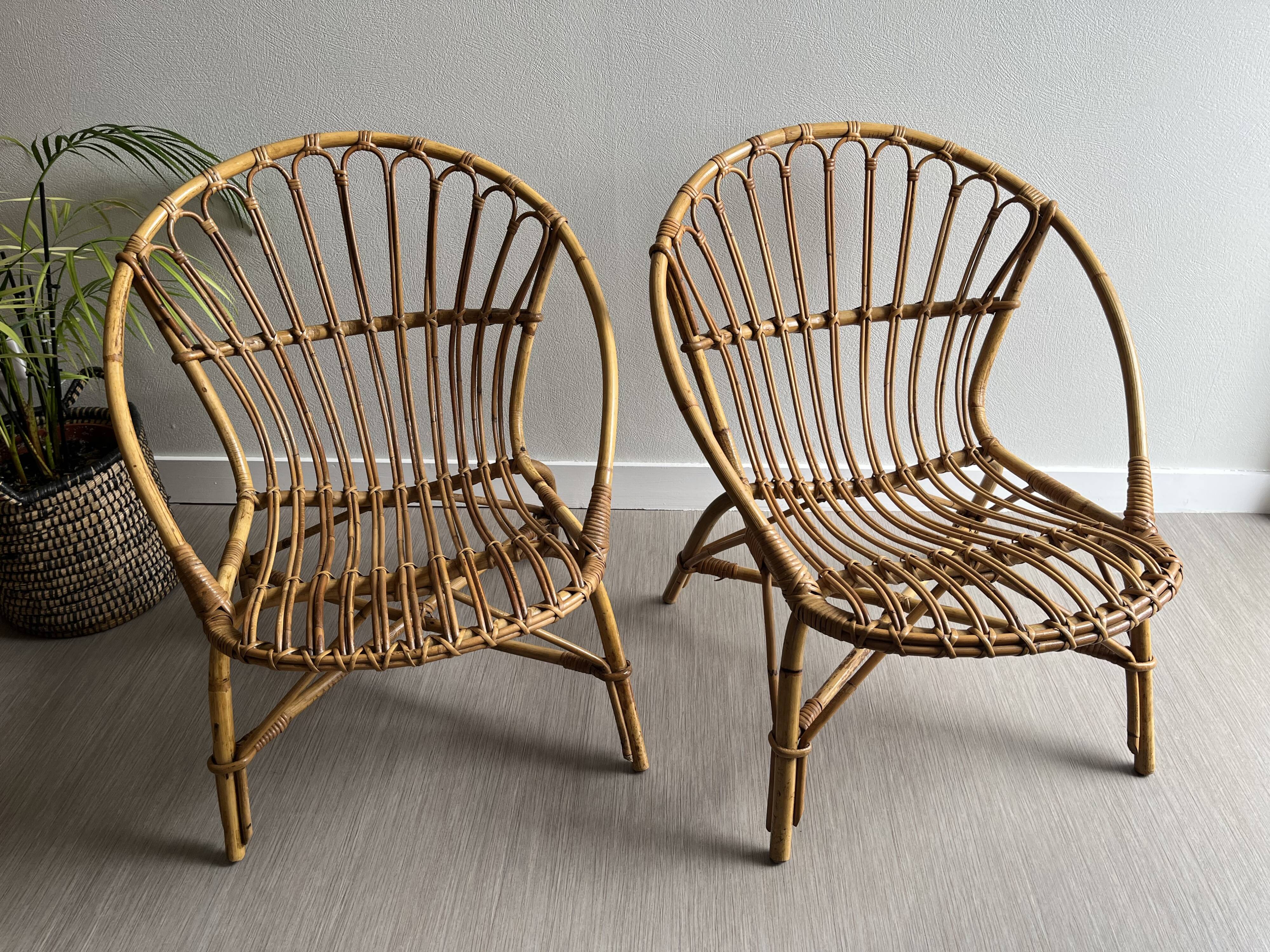 Vintage rattan shell armchairs