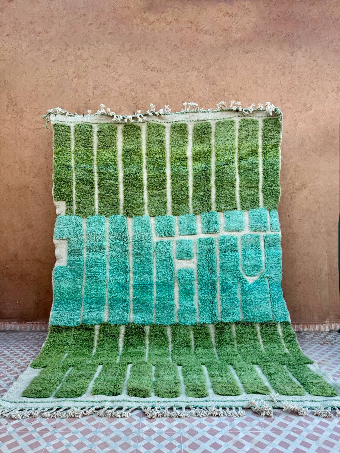 Almond green and blue green Moroccan rug with modern reliefs