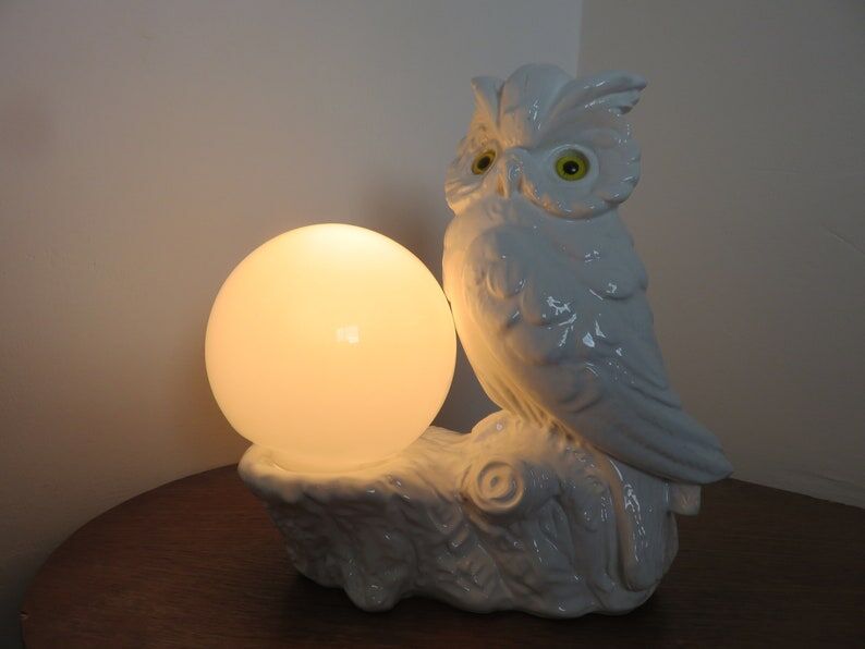 Owl lamp, ceramic owl and opaline ball 70s