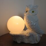 Owl lamp, ceramic owl and opaline ball 70s