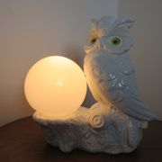Owl lamp, ceramic owl and opaline ball 70s