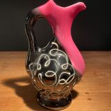 Pretty Vallauris pitcher in black and pink glazed ceramic white reliefs