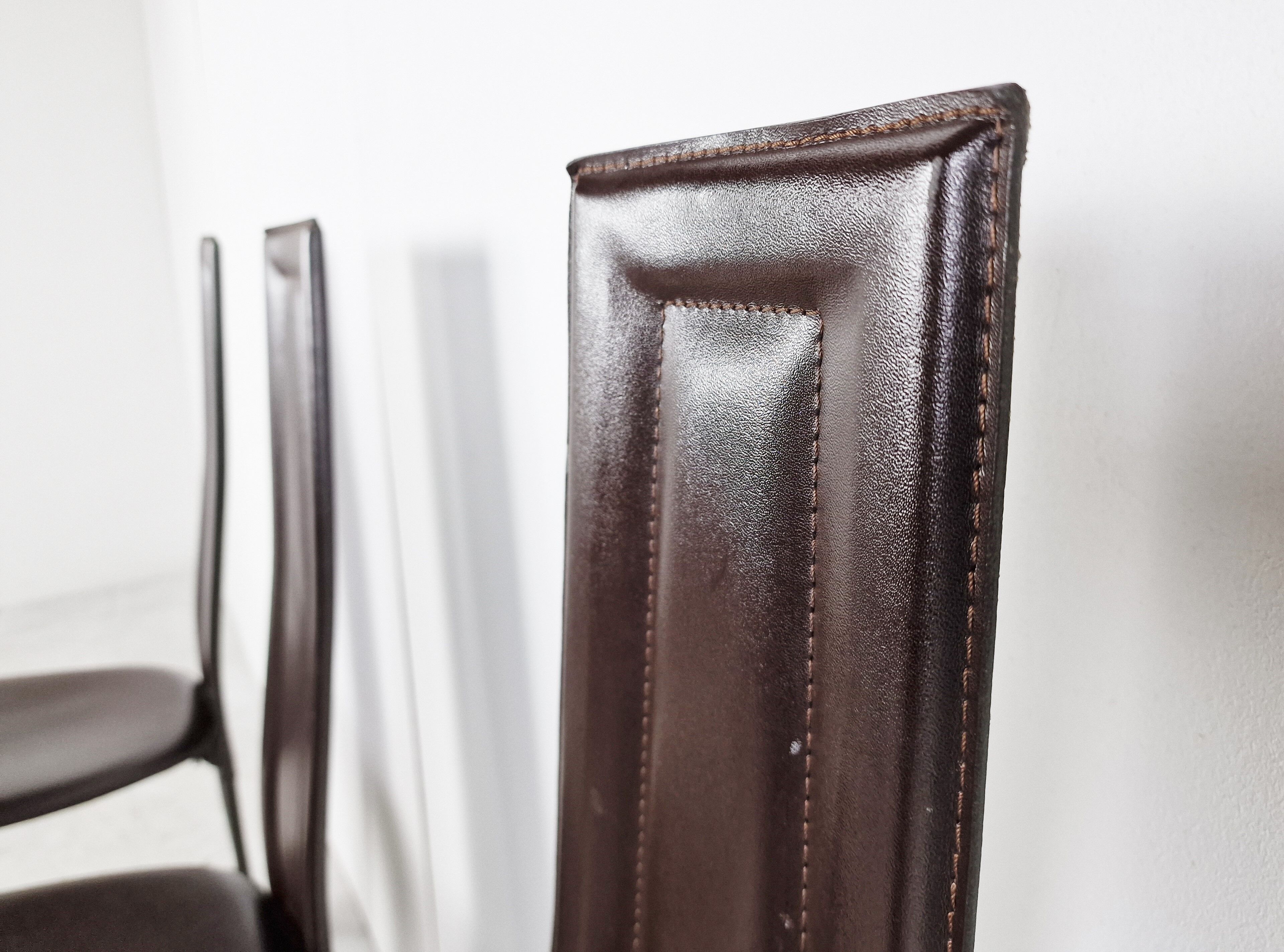 Vintage brown leather dining chairs, set of 6, 1980s