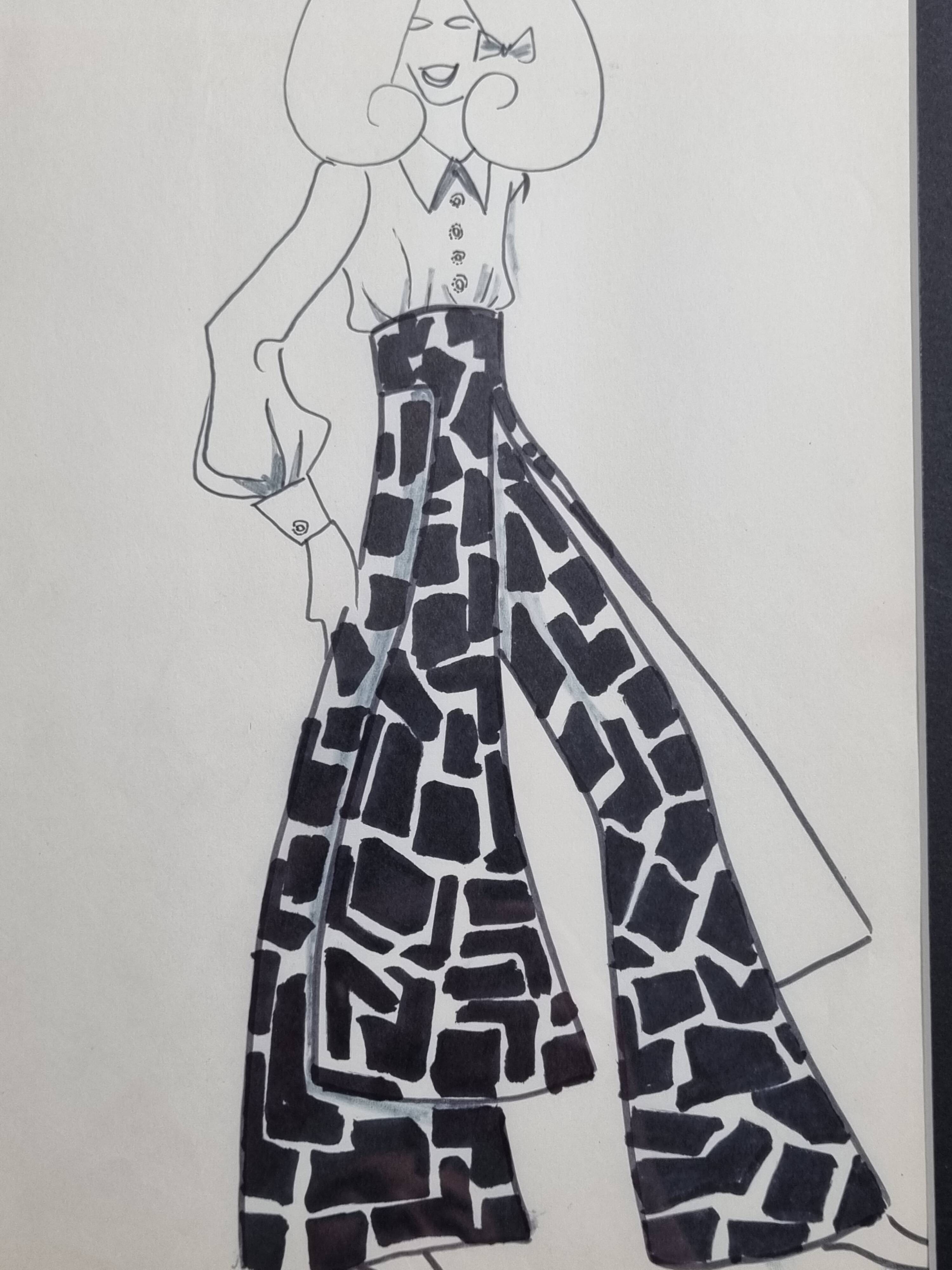 Fashion sketch, original drawing, monogrammed by Jean Eden, 70s