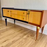 Vintage furniture revamped in navy blue, terracotta, and gold leaf – Reimagined mid-century style.