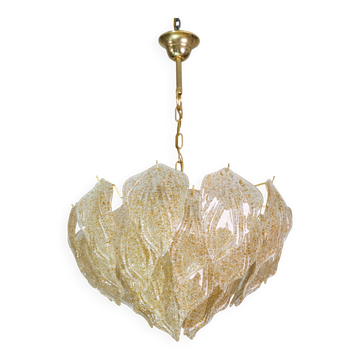 Étonnant grand lustre en verre de Murano avec feuilles d'or