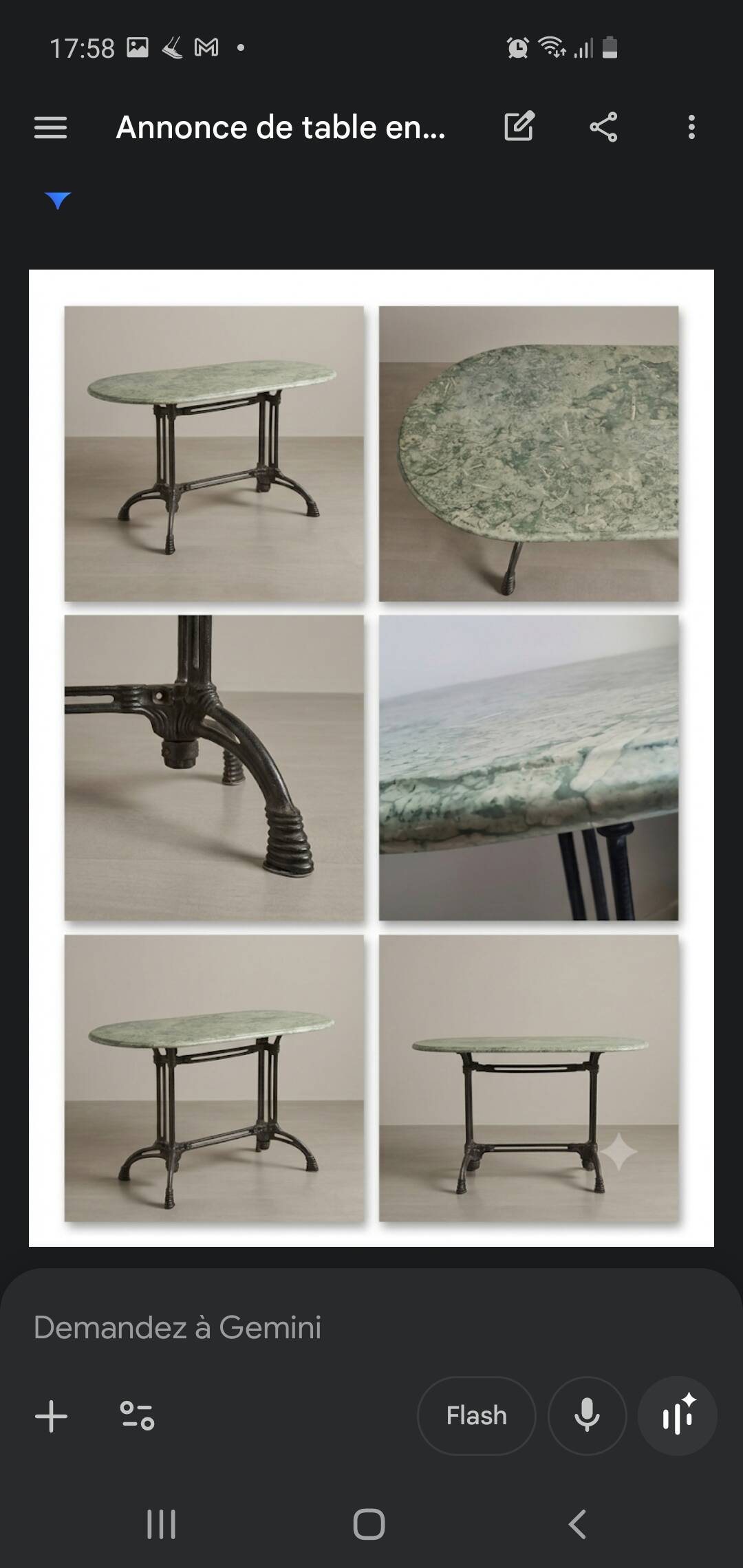 Table ovale en marbre vert à orthocères & pied en fonte / fer forgé
