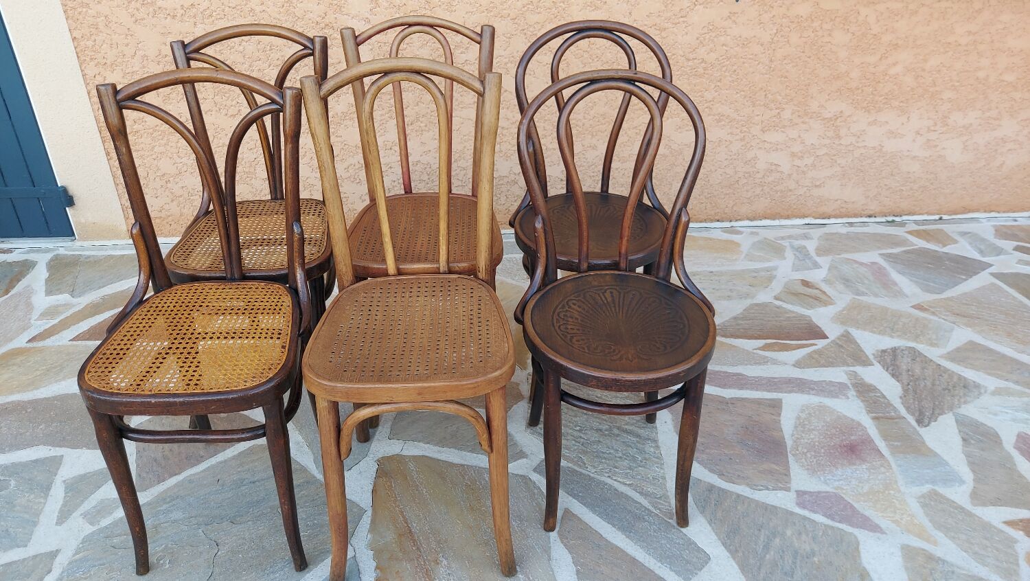 Suite of 6 mismatched bistro chairs Thonet and J&J kohn 1920