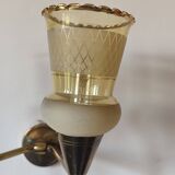 Vintage 50s wall light, 2 light arms, metal, brass and opaque glass tulip