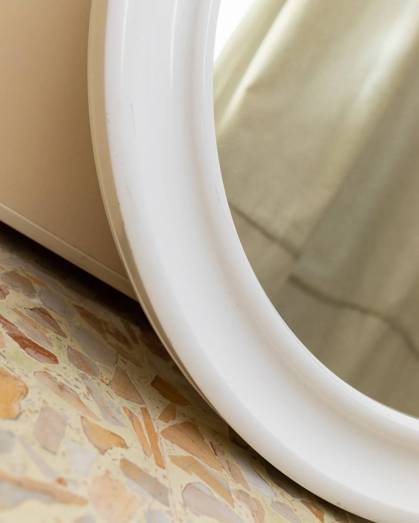 Round wall mirror by Carrara & Matta, white plastic bezel, Italian 1970s vintage