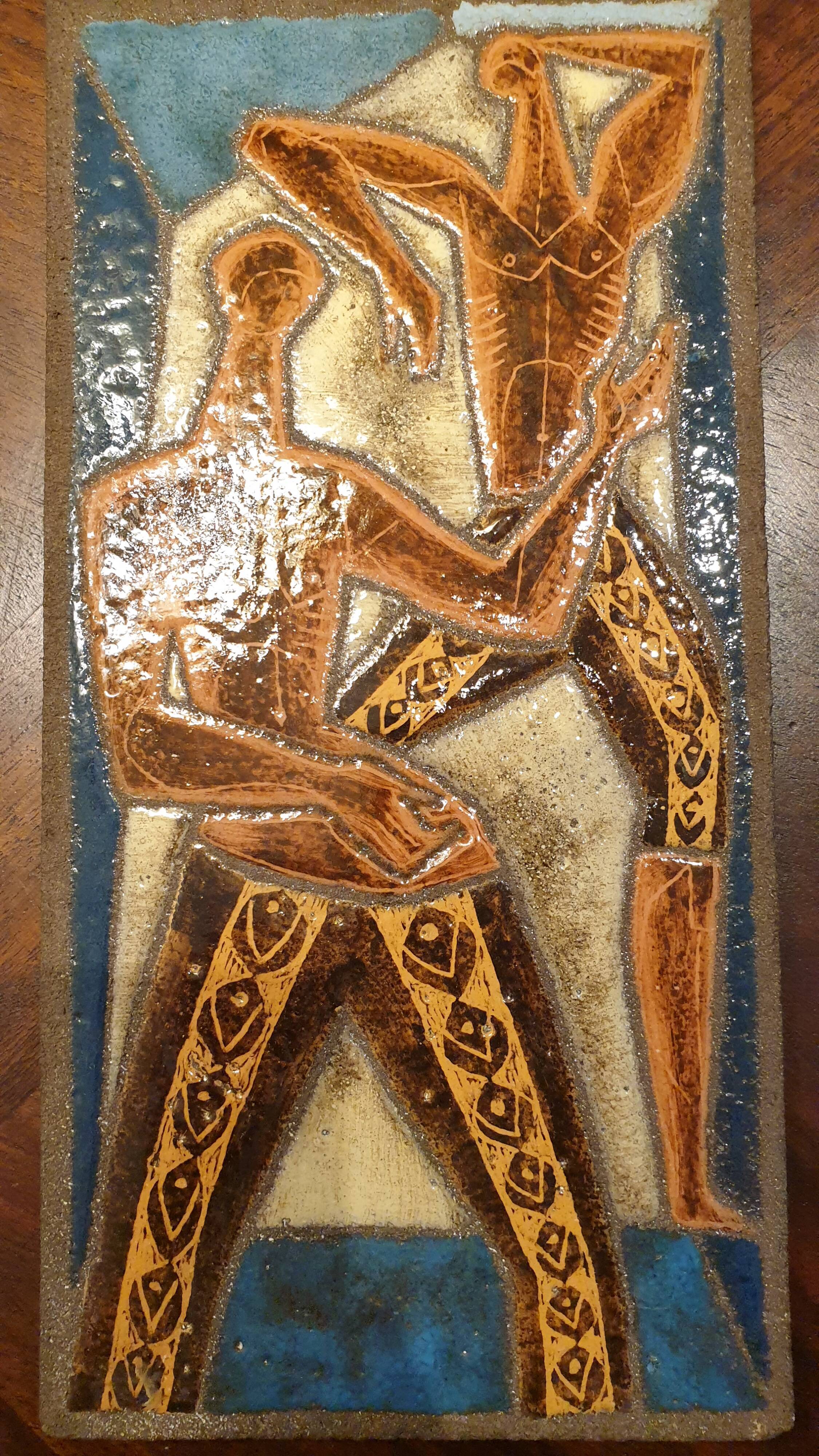 Lava enamelled ceramic painting Vintage Africanist 1950 signed Jaffeux
