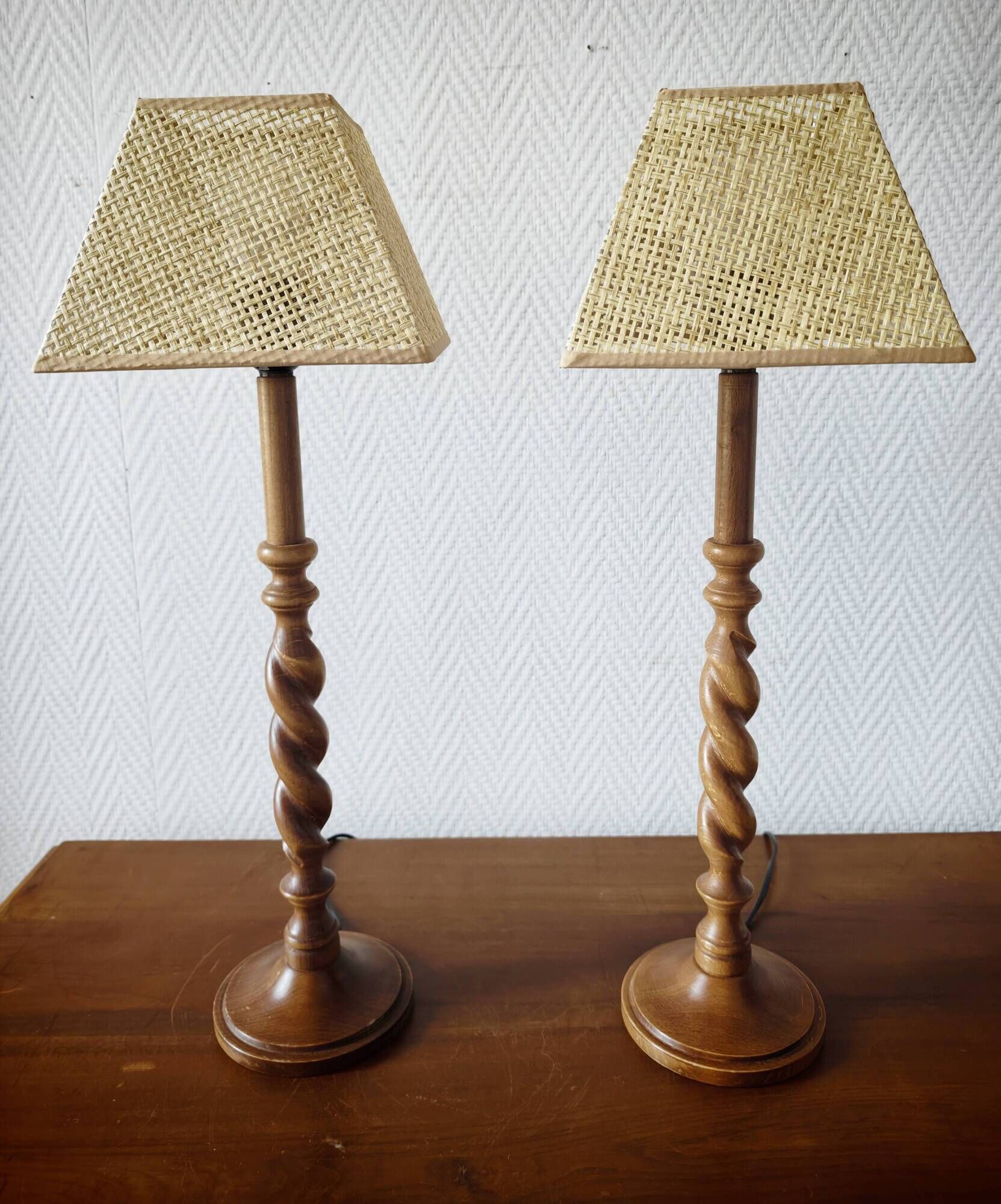 Pair of tall turned wooden lamps