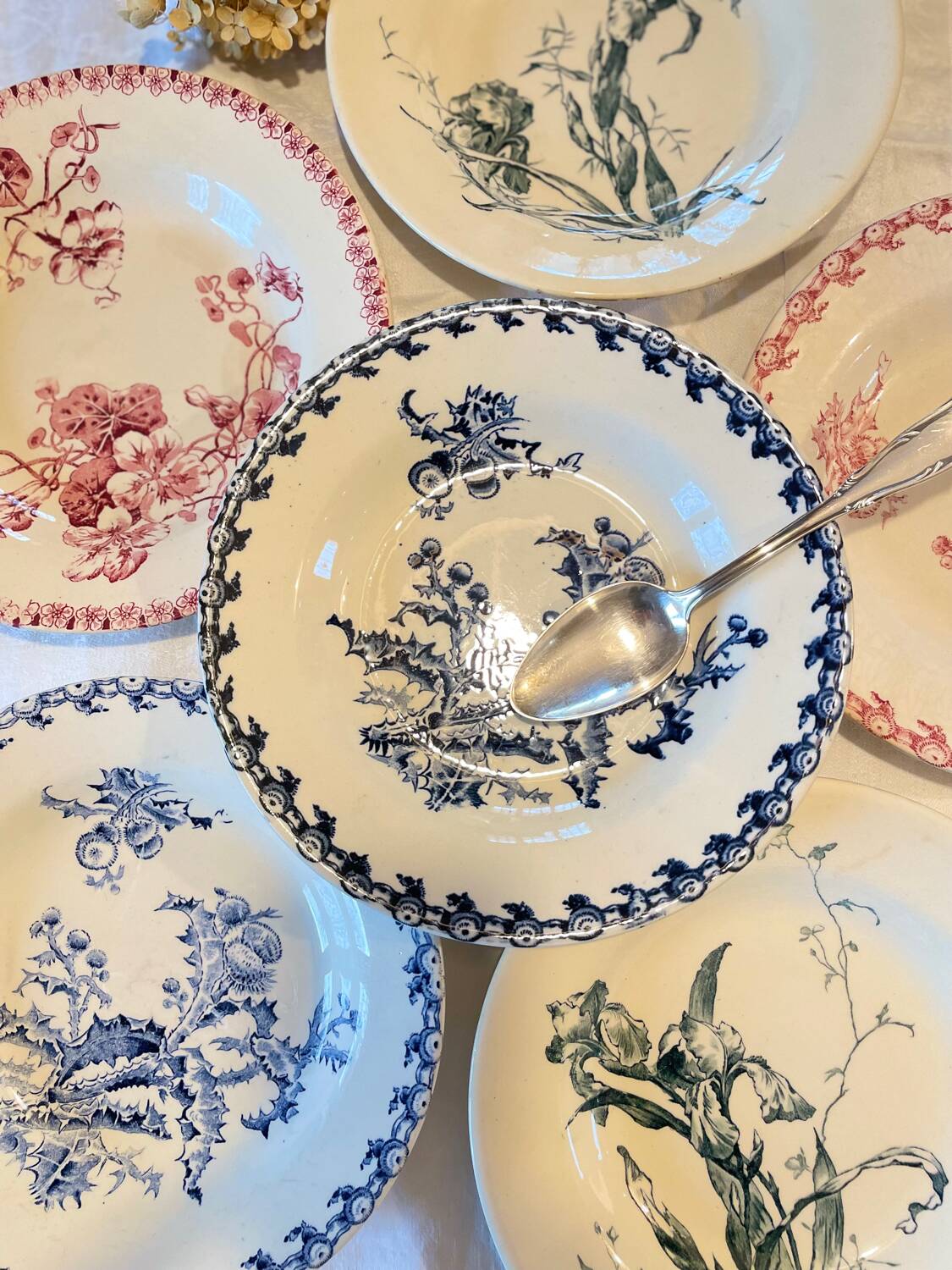 6 Mismatched Terre de Fer Hollow Plates Gien Late 19th Early 20th