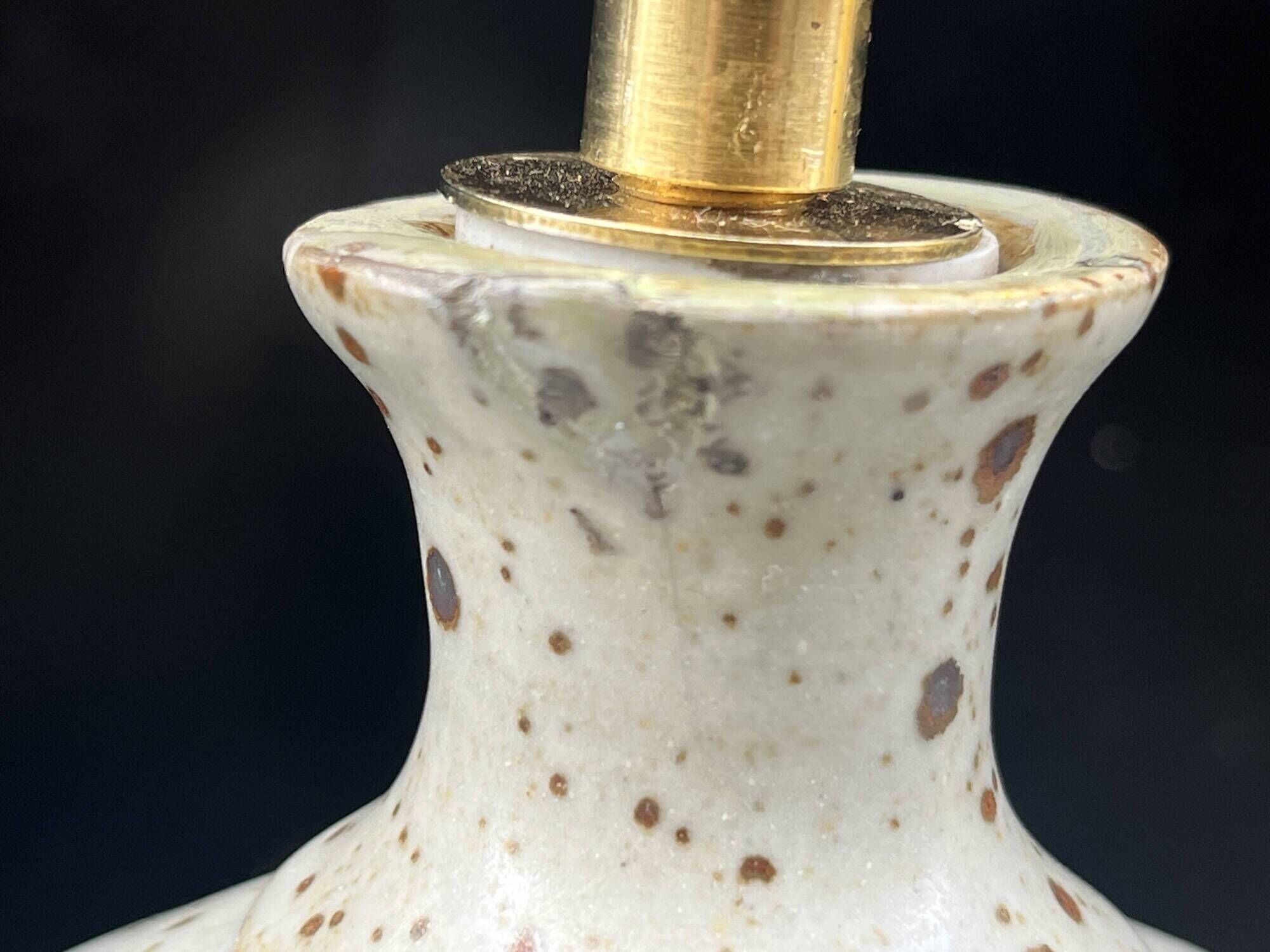 XXL Vintage Lamp Base in Beige Grey Stoneware with Raffia Lampshade 1970
