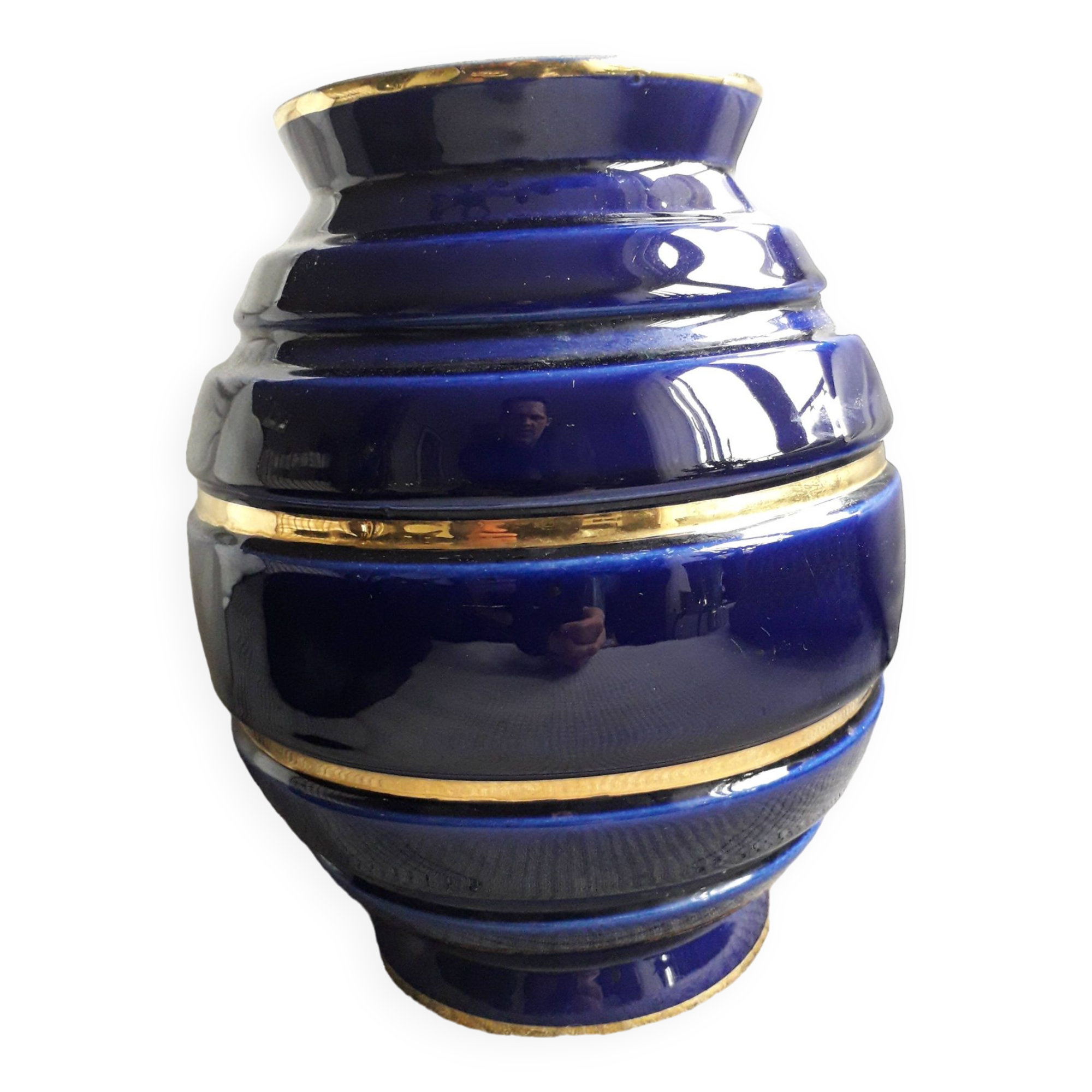 Large vintage blue and gold vase