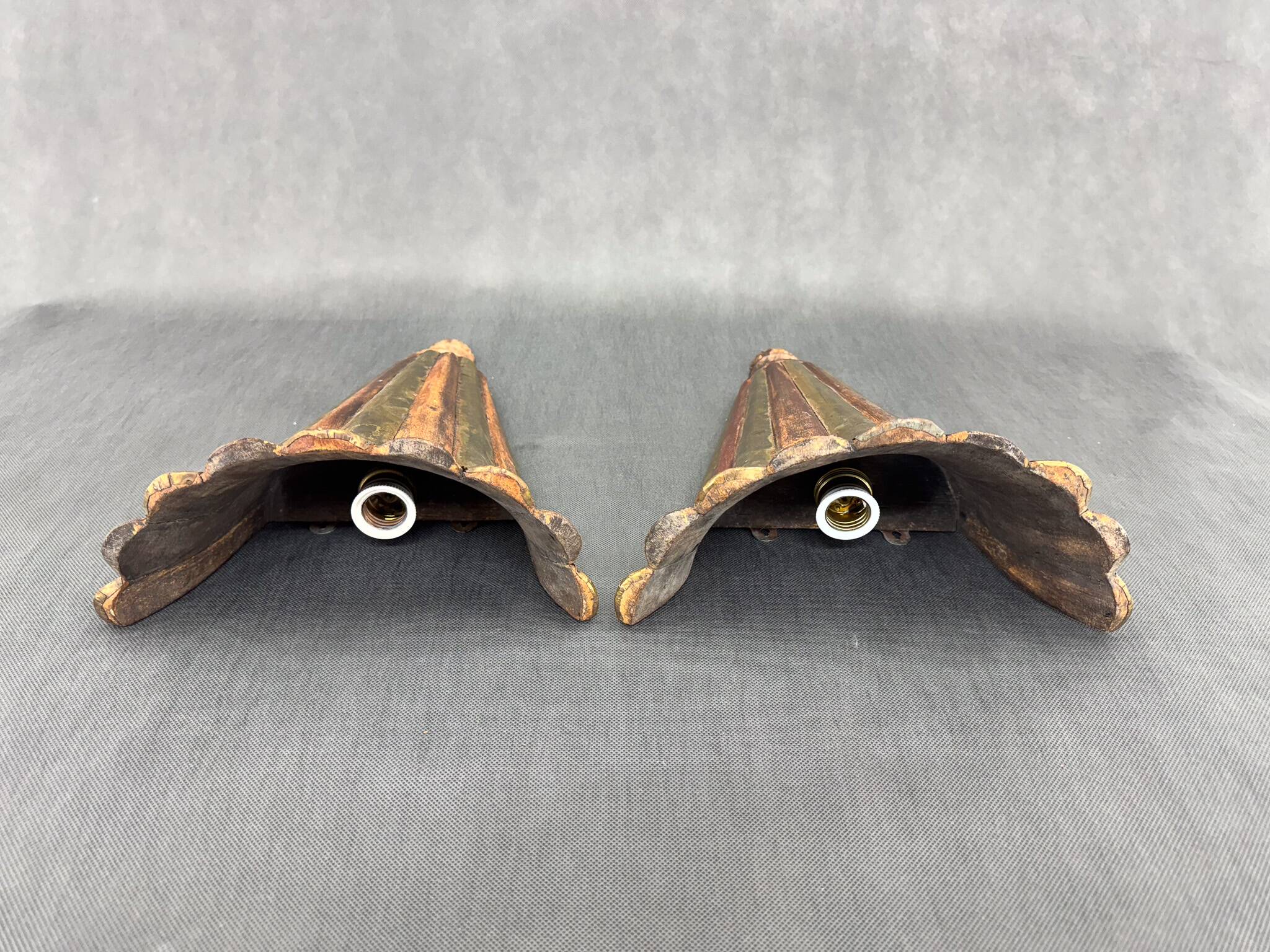 Antique Wood & Brass Wall Lights, France