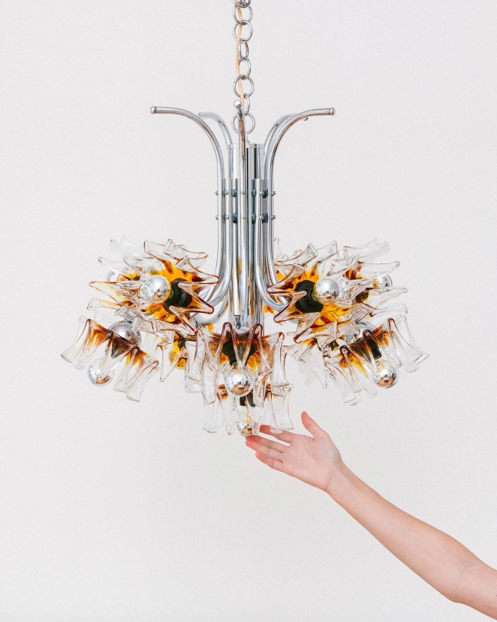 Carlo Nason Murano Glass Flower-Shades Chandelier by Mazzega - Chrome and Transparent Amber Glass, Hollywood Regency, 1970s