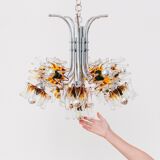 Carlo Nason Murano Glass Flower-Shades Chandelier by Mazzega - Chrome and Transparent Amber Glass, Hollywood Regency, 1970s